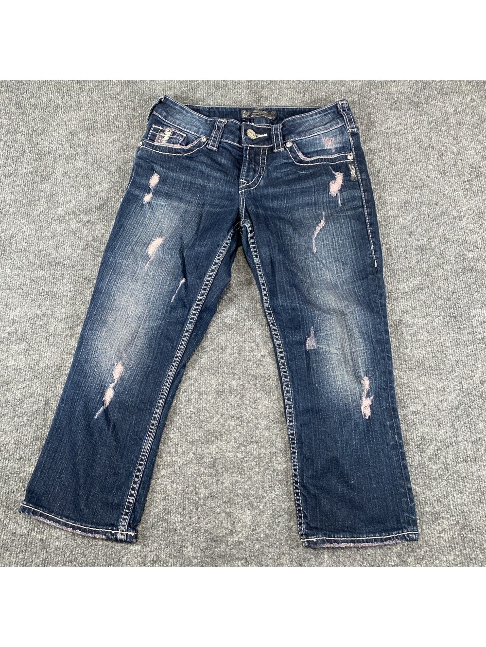 Silver Jeans Women's Suki Capri Sz W26 /L20 Dark Blue Embroidered Distressed Ag